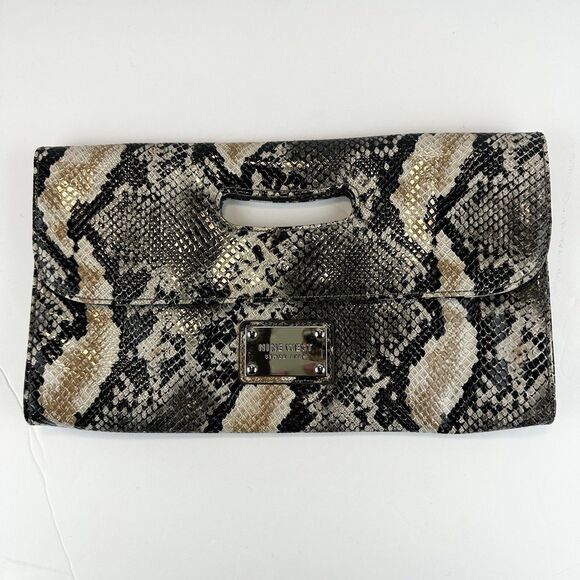 Nine West | Reptile Snakeskin Print Clutch Purse | Handbag | Satchel Brown Black - Picture 1 of 14